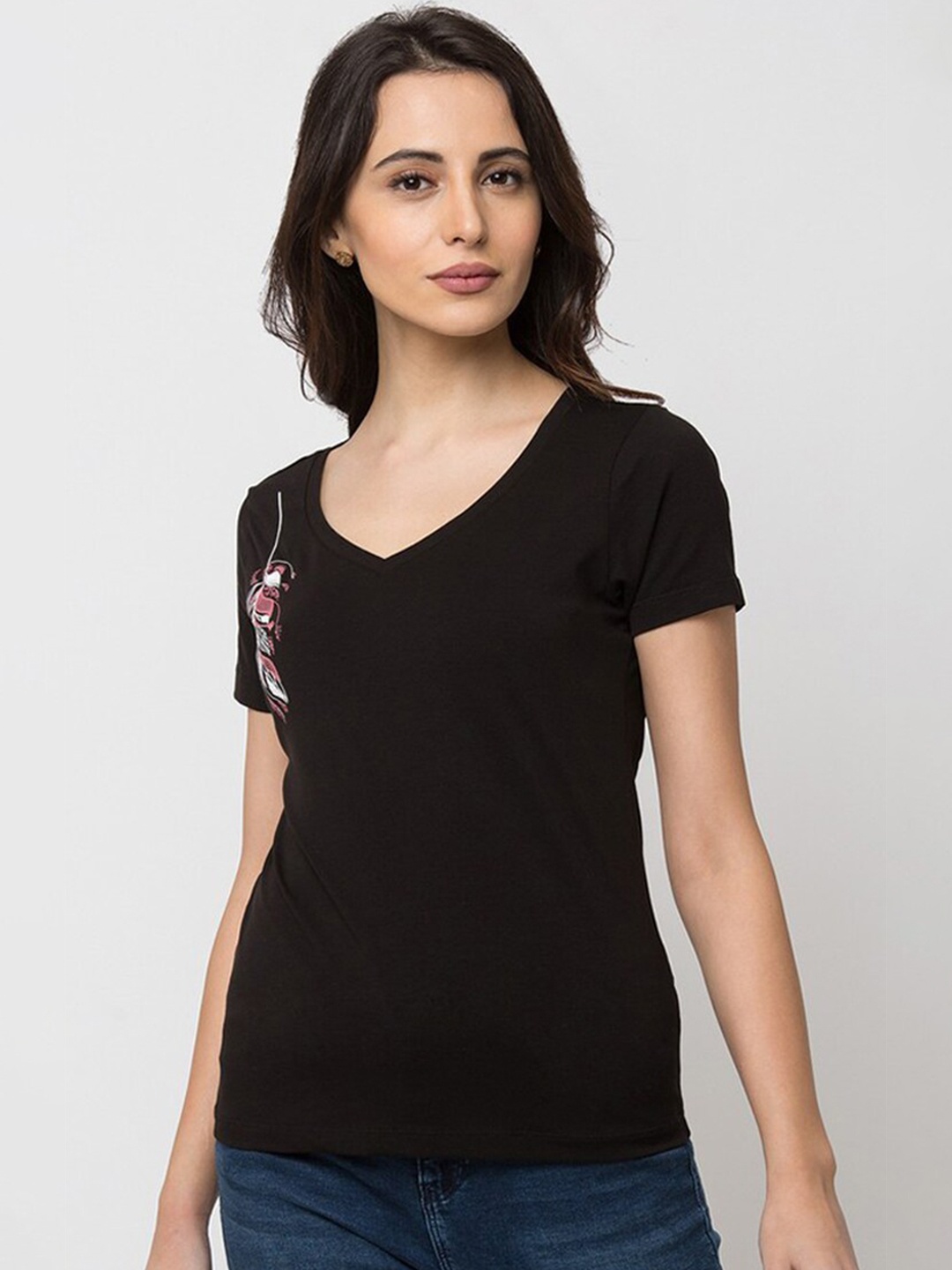 

SPYKAR Women Black V-Neck T-shirt