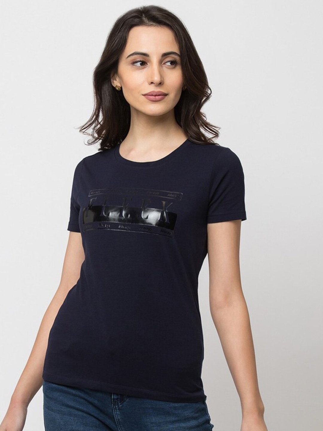 

SPYKAR Women Navy Blue Typography Printed T-shirt