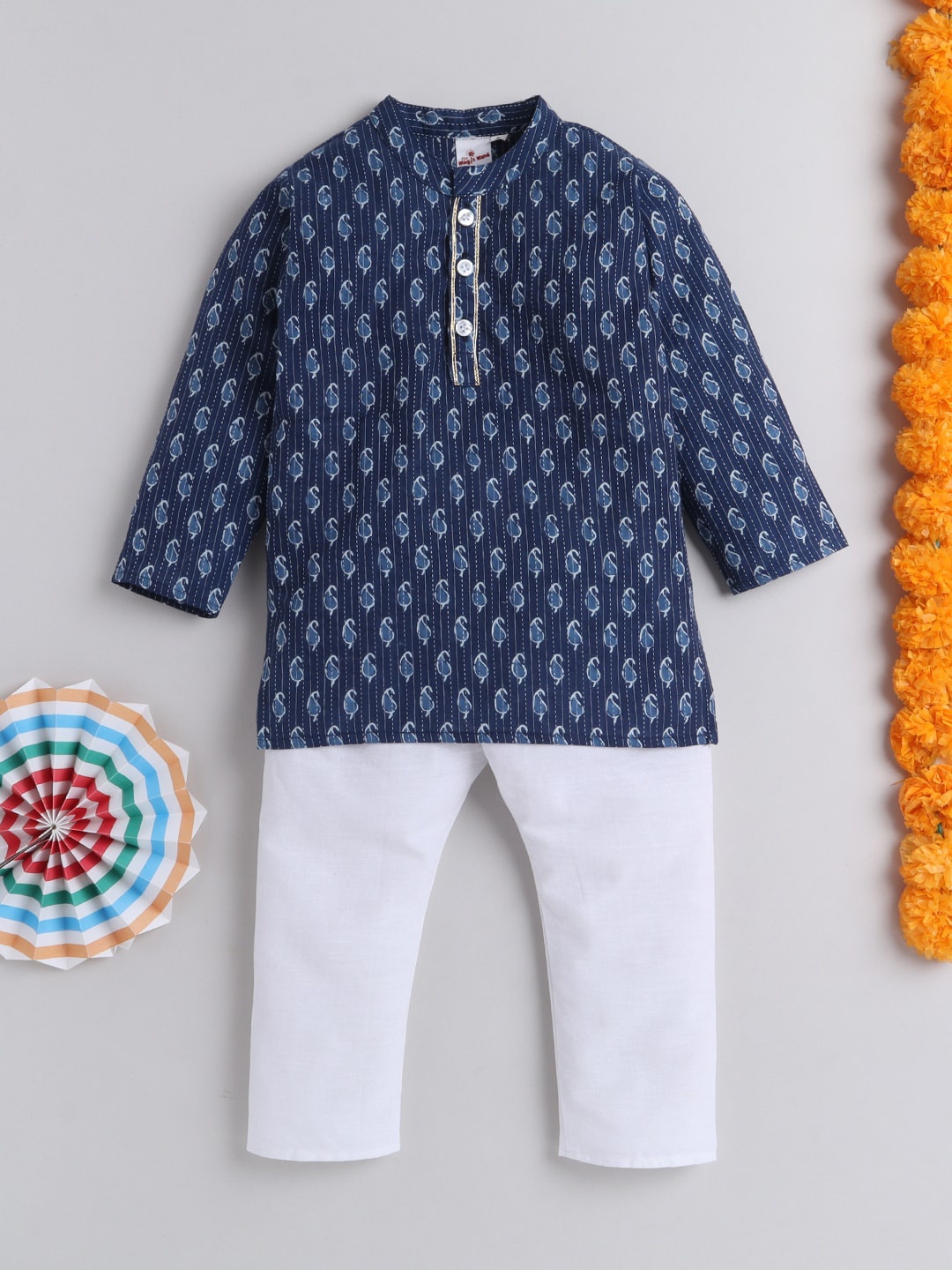 

The Magic Wand Boys Ethnic Motifs Block Print Pure Cotton Kurta With Pyjama, Blue