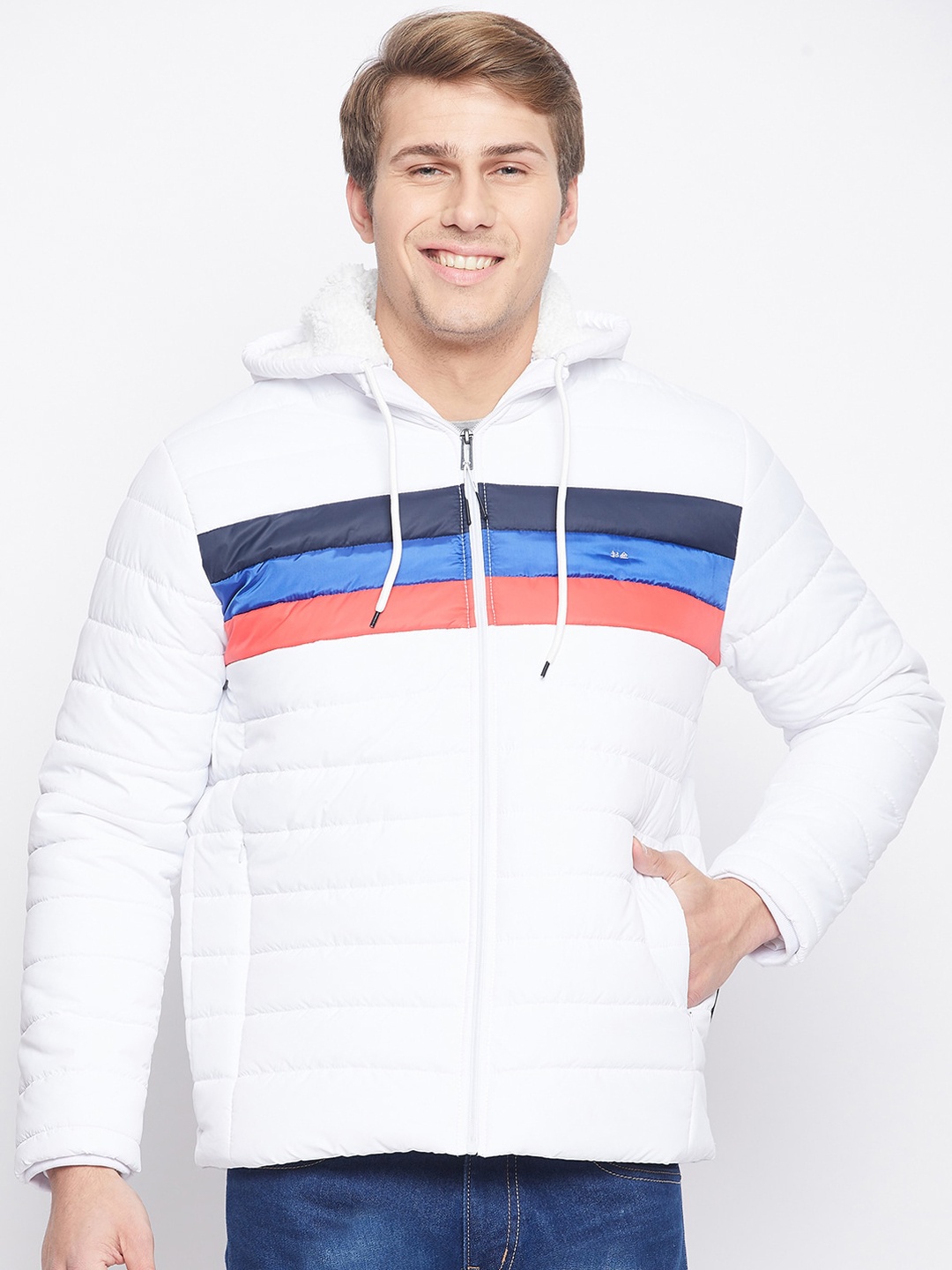 

Okane Men White Striped Lightweight Padded Jacket