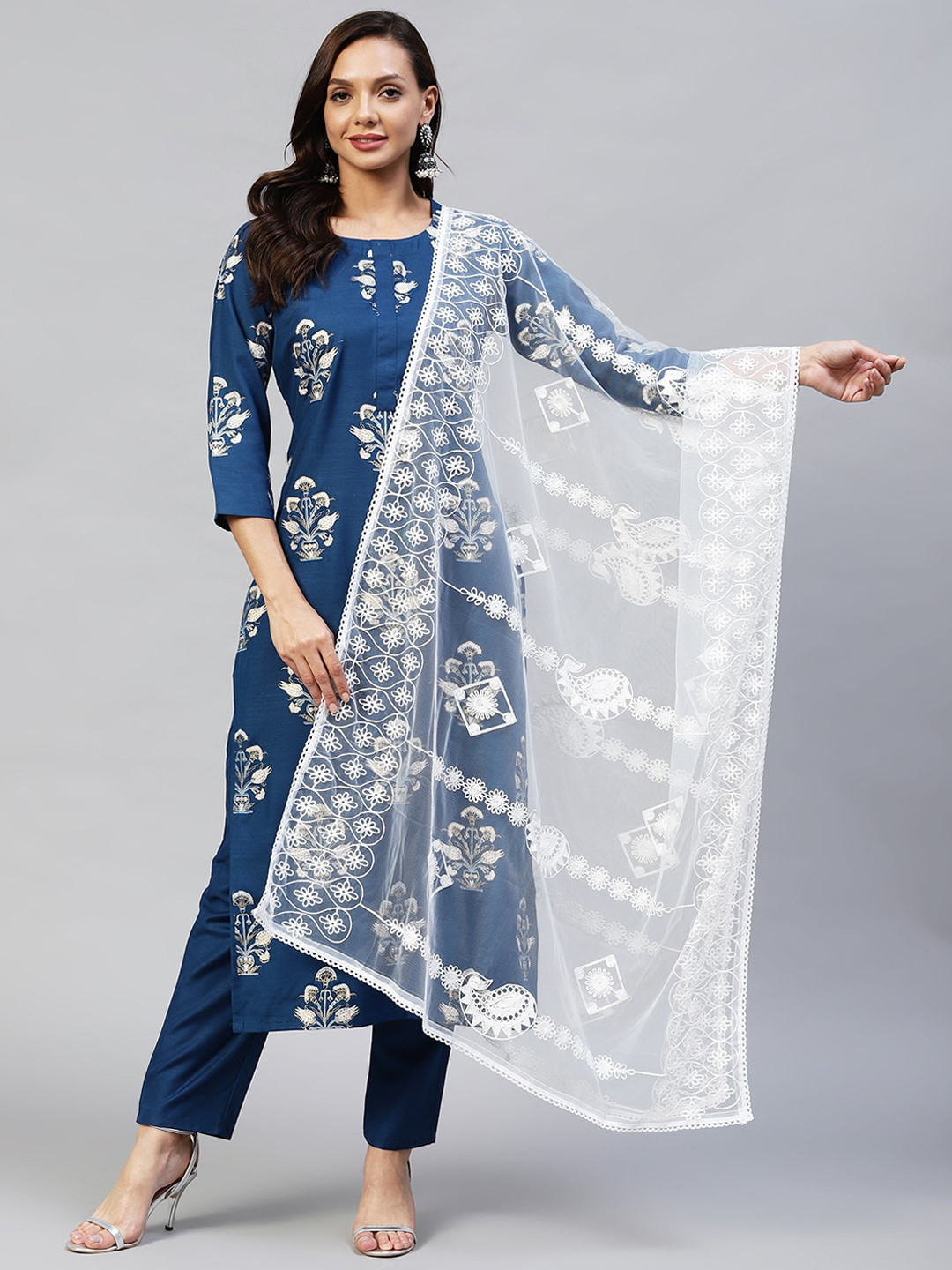 

KALINI Women Floral Printed Kurta with Trouser & With Dupatta, Navy blue