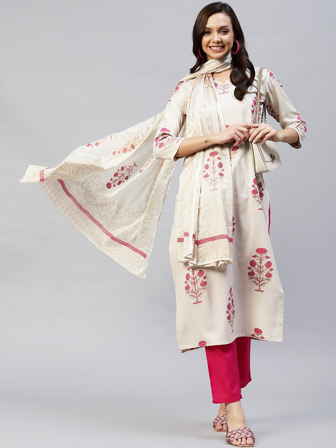 

KALINI Women Floral Printed Kurta with Trouser & With Dupatta, Beige