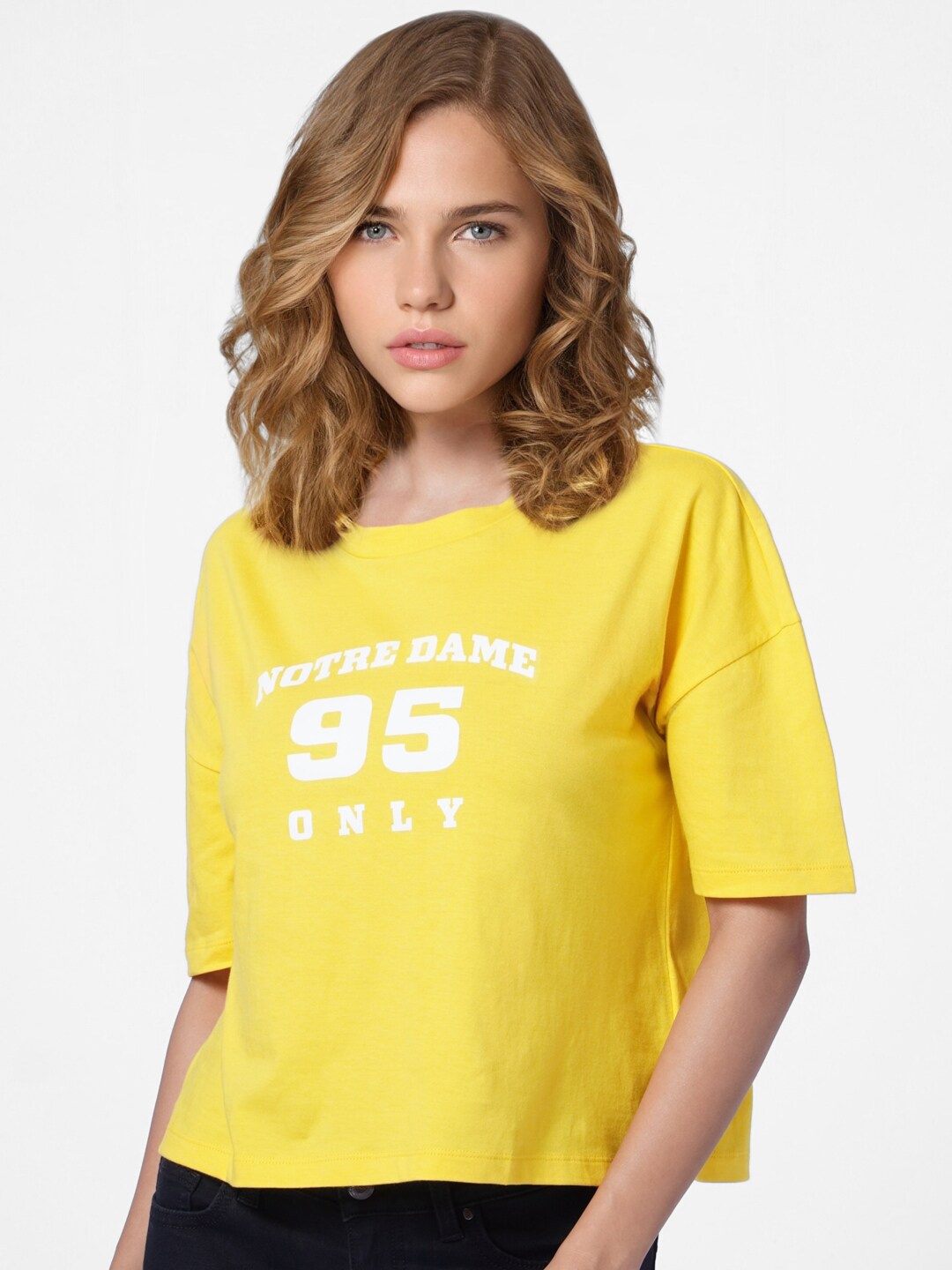 

ONLY Women Yellow Varsity Printed Boxy Cotton T-shirt