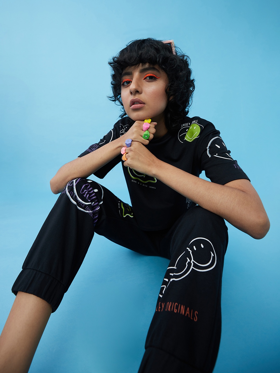 

ONLY X Smiley Collection Women Black Printed Polo Collar Applique T-shirt