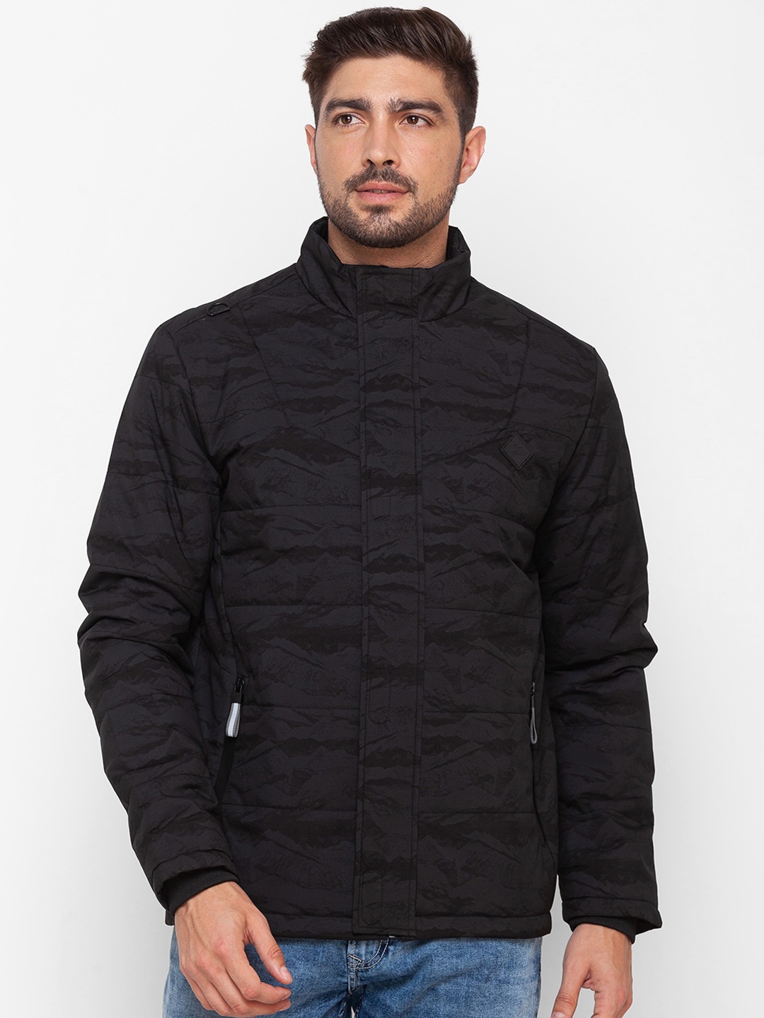 

SPYKAR Men Black Camouflage Open Front Jacket