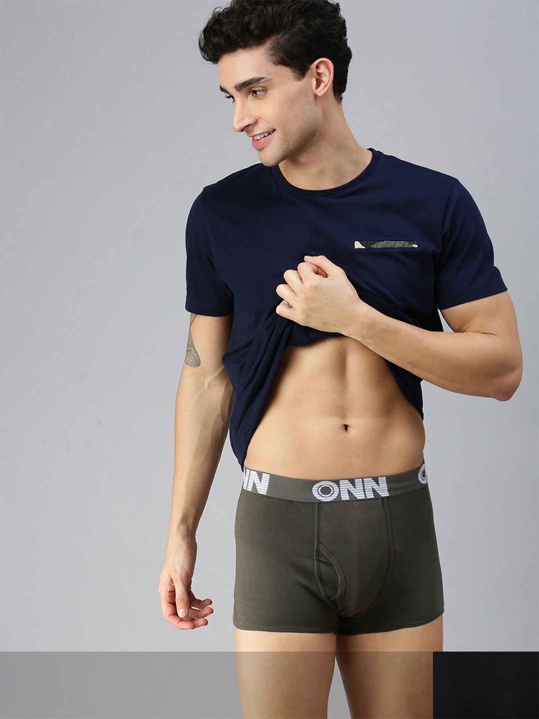 

ONN Men Pack of 2 Black & Olive Green Solid Pure Cotton Trunks