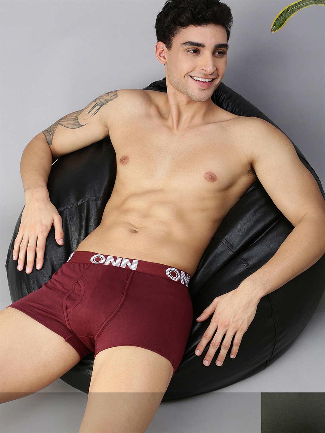 

ONN Men Pack of 2 Maroon & Olive Green Solid Pure Cotton Trunks