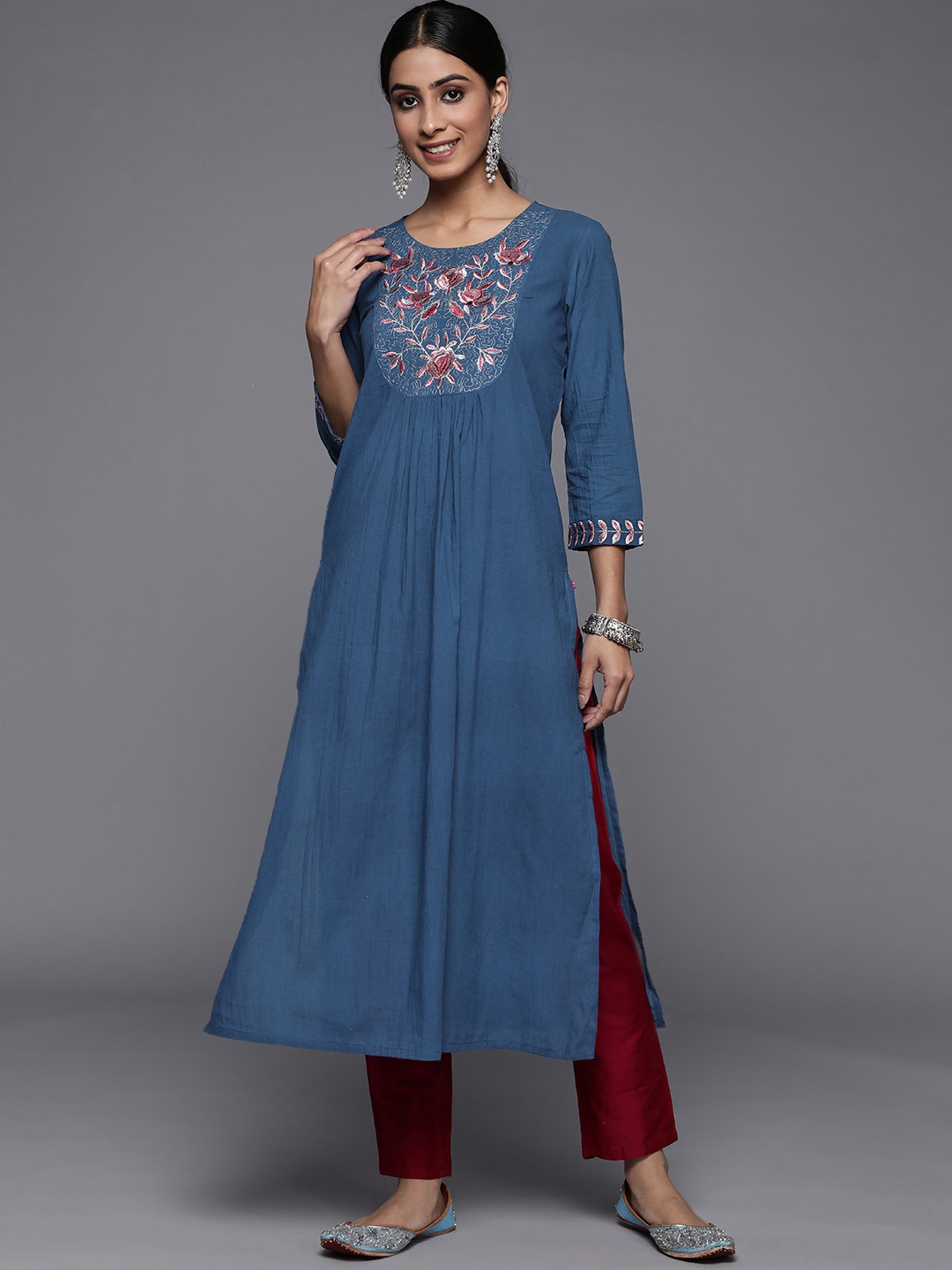 

Varanga Women Blue & Grey Ethnic Motifs Embroidered Pleated Kurta