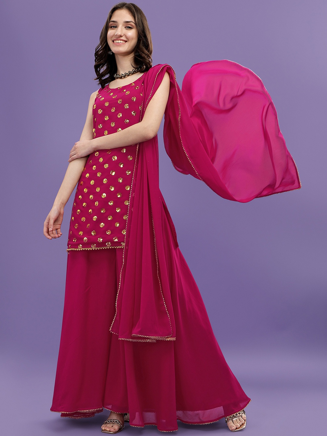 

ASPORA Women Pink Printed Sequinned Silk Georgette Kurti with Sharara & With Dupatta