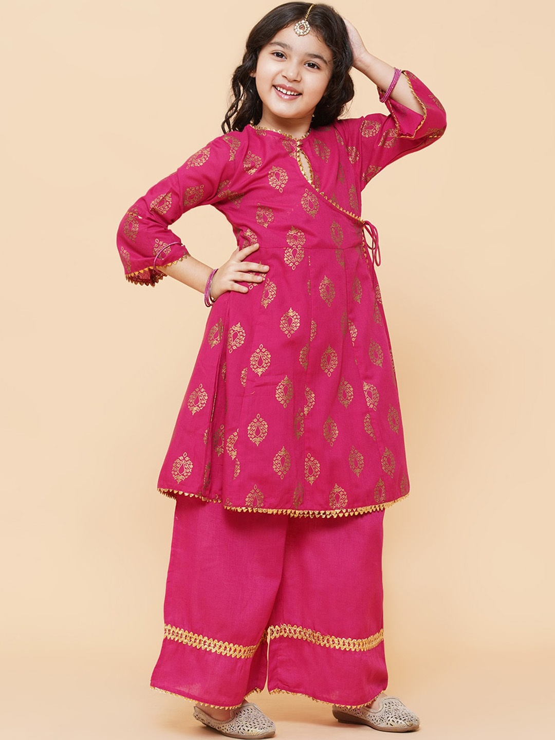 

Bitiya by Bhama Girls Floral Angrakha Gotta Patti Pure Cotton Kurta with Palazzo, Fuchsia