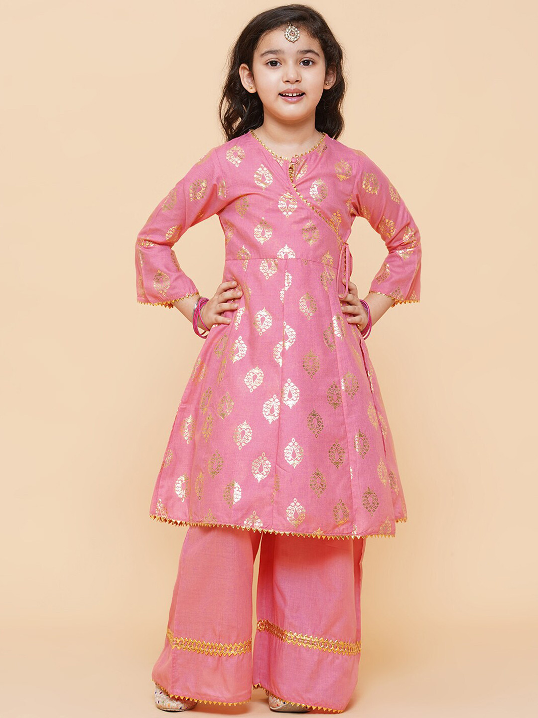 

Bitiya by Bhama Girls Printed Angrakha Pure Cotton Kurta with Palazzos, Pink