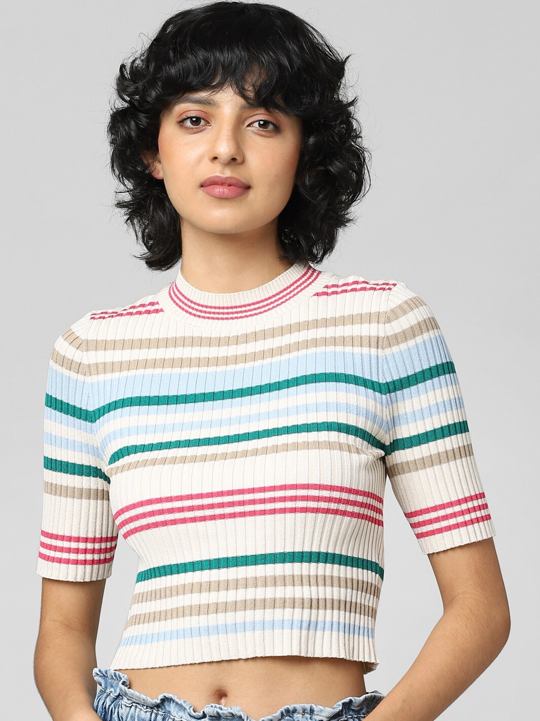 

ONLY Woman White & Blue Striped Crop Top 1245163003-Cashmere Blue