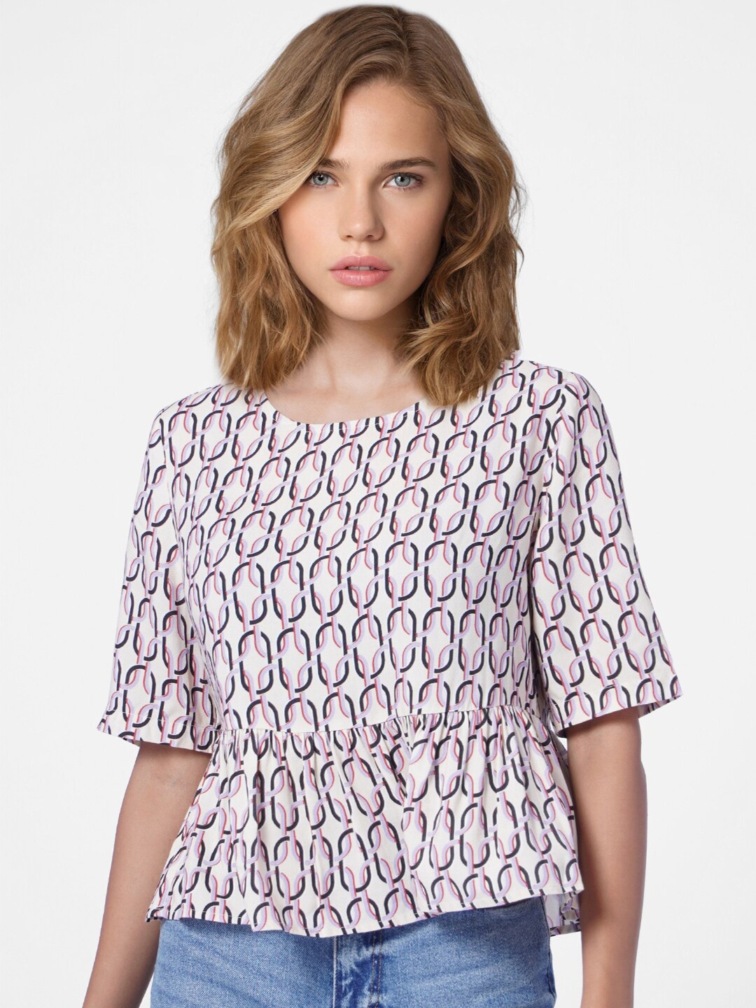 

ONLY Woman Beige Geometric Print Top 2900695006-Ecru