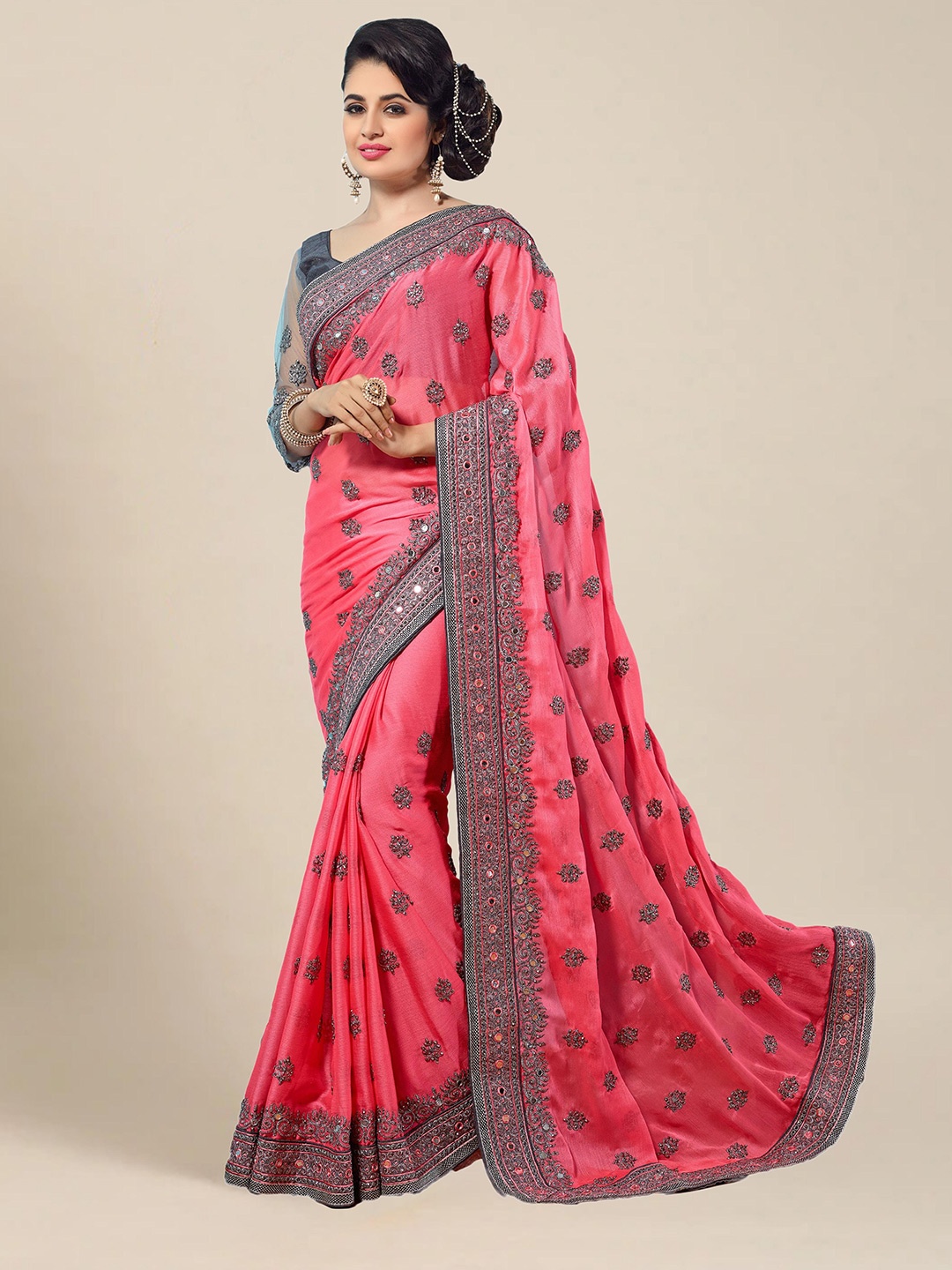 

MS RETAIL Pink & Grey Ethnic Motifs Embroidered Pure Chiffon Saree