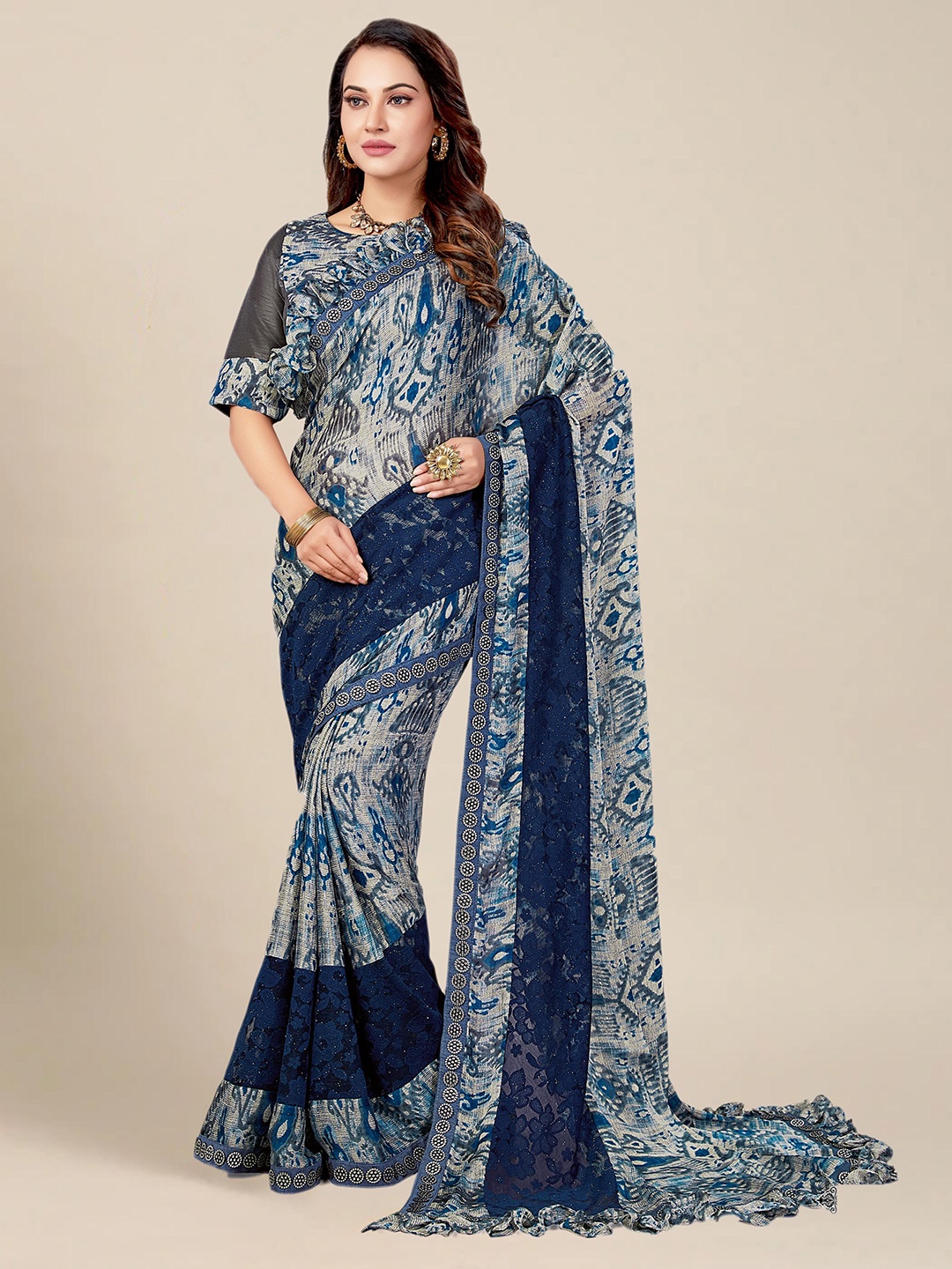 

MS RETAIL Grey Melange & Blue Printed Ruffle Beads and Stones Saree