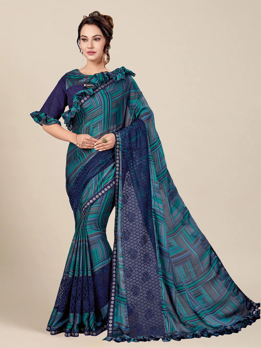 

MS RETAIL Blue & Green Printed Ruffle Beads and Stones Saree