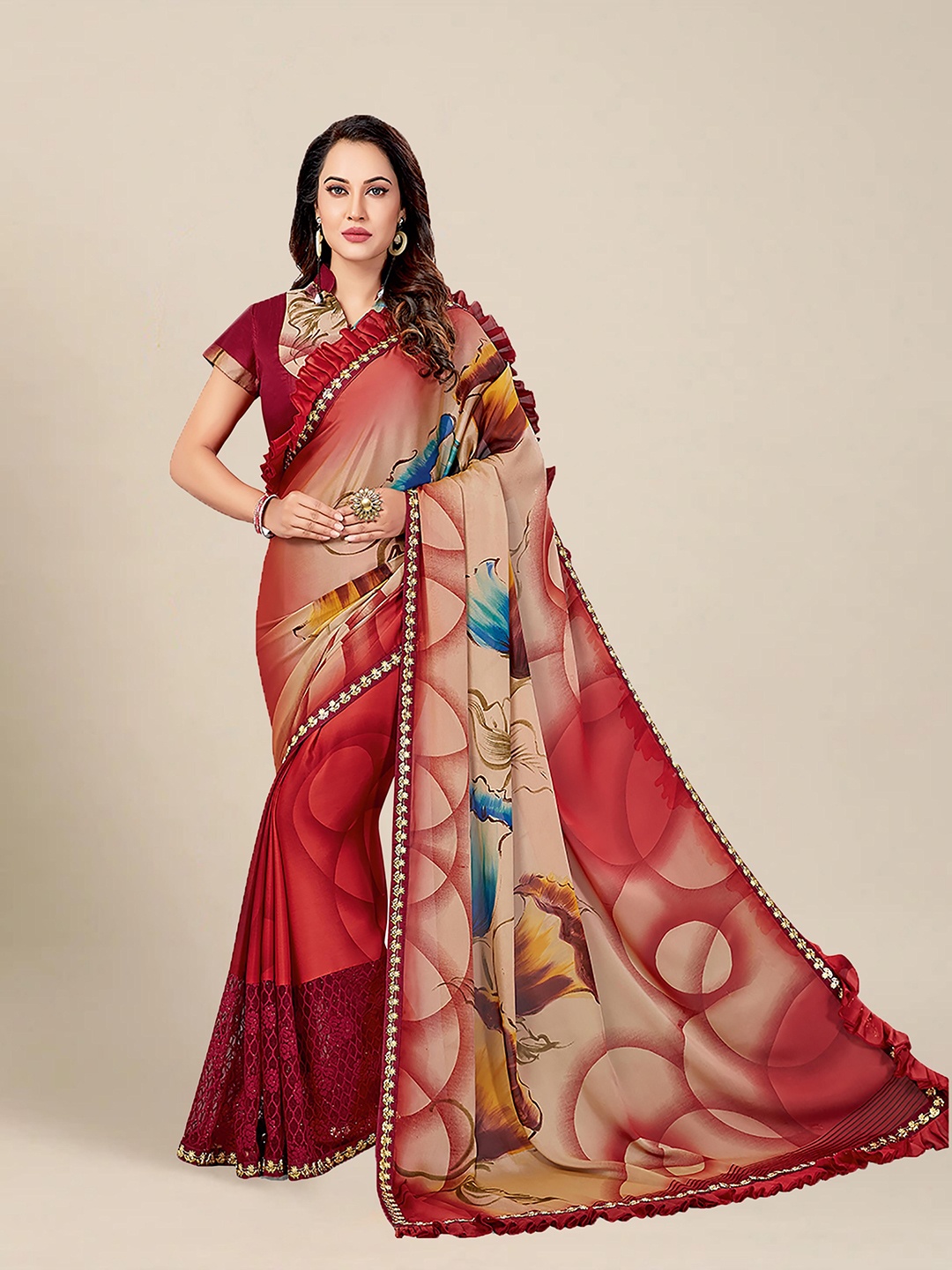 

MS RETAIL Red & Blue Printed Ruffle Beads and Stones Saree
