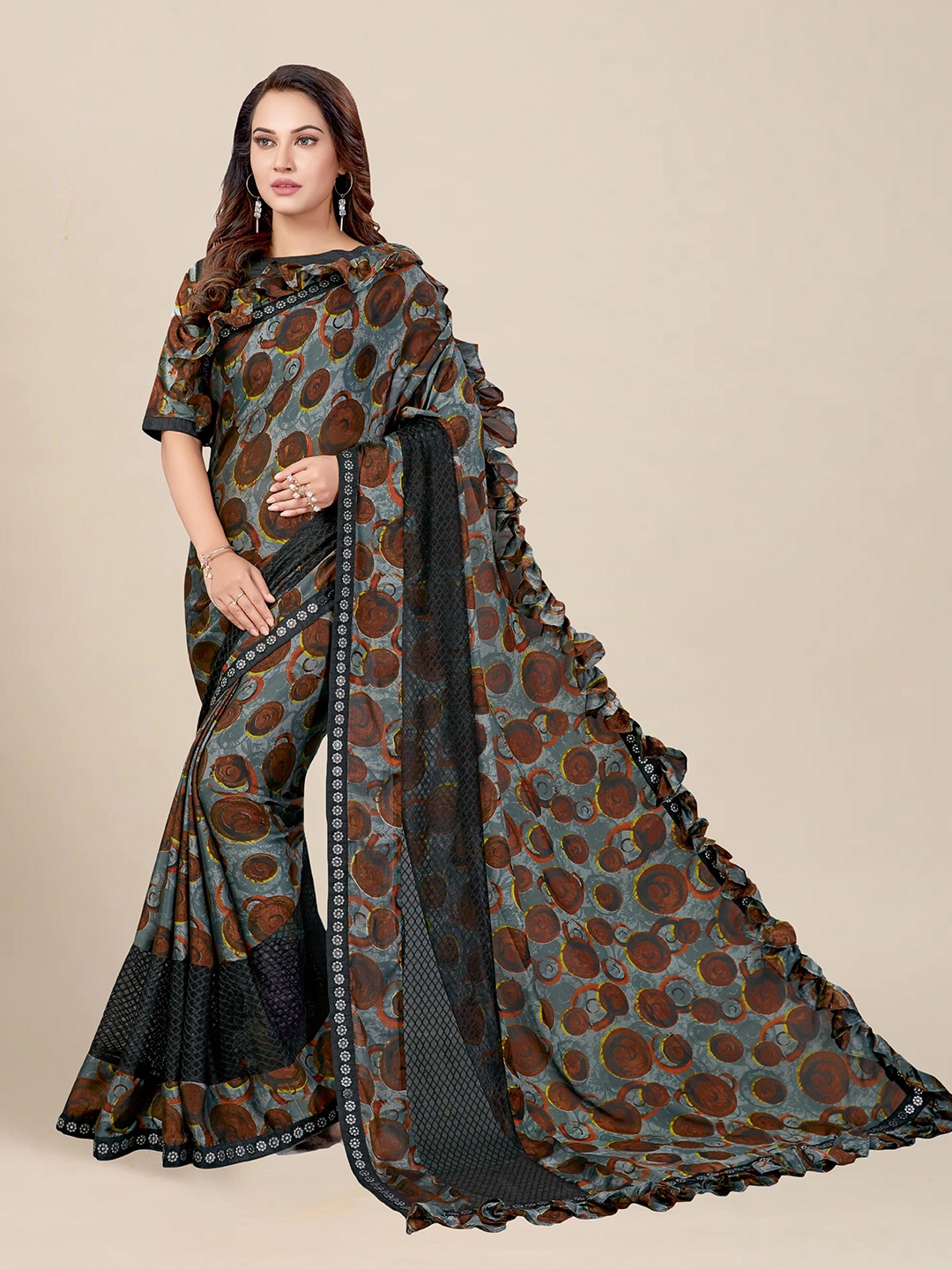 

MS RETAIL Coffee Brown & Grey Printed Ruffles Saree