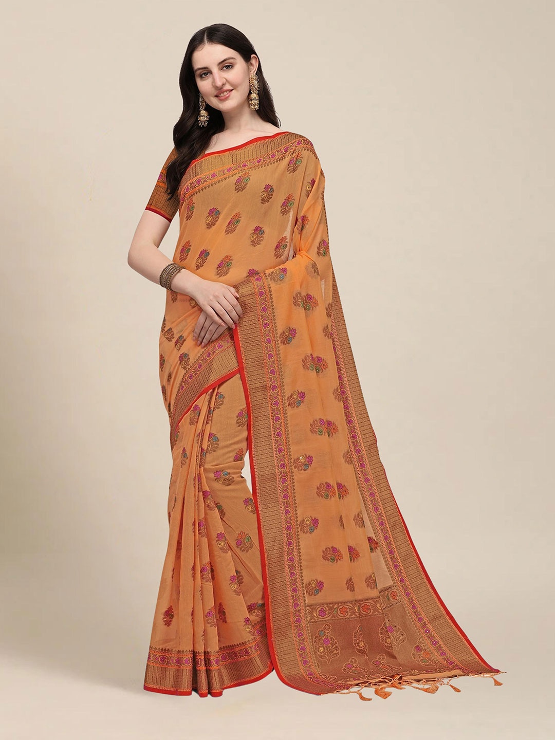 

MS RETAIL Orange & Green Floral Zari Chanderi Saree