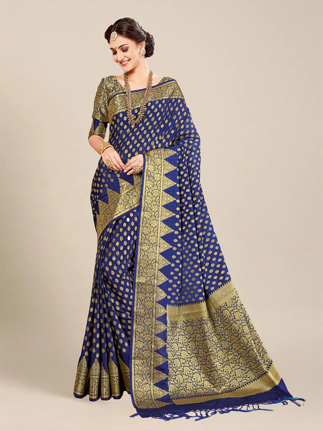 

MS RETAIL Blue & Gold-Toned Floral Zari Silk Blend Banarasi Saree