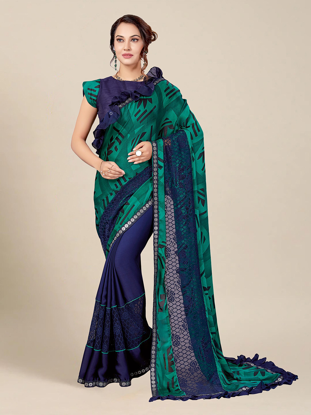 

MS RETAIL Teal Green & Navy Blue Printed Ruffles Saree