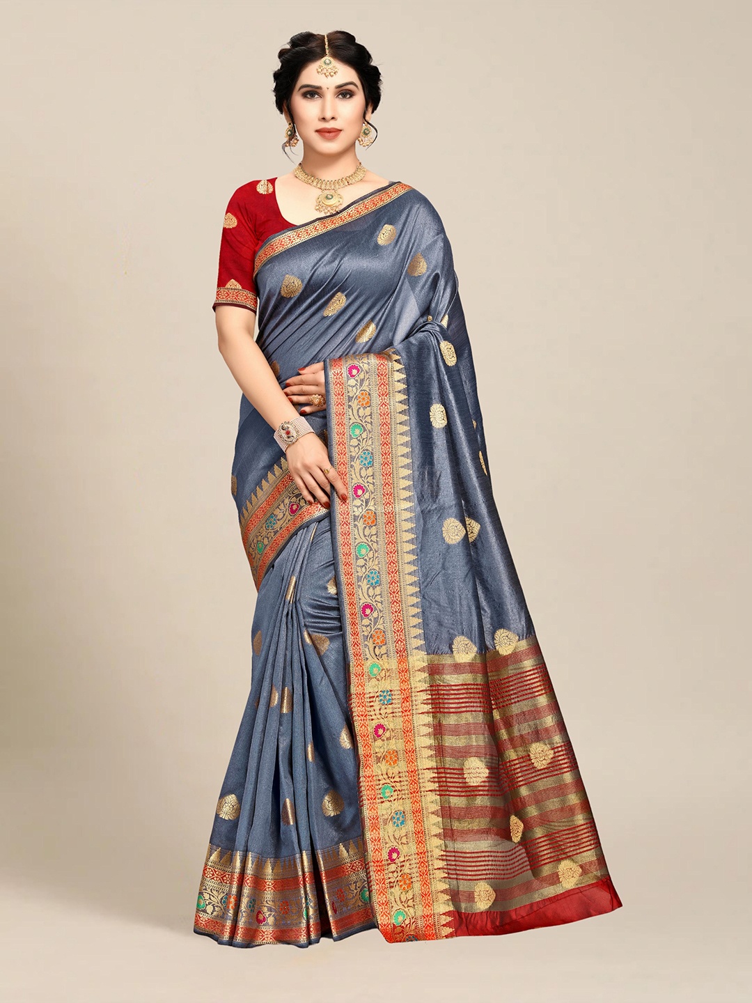 

MS RETAIL Grey & Red Ethnic Motifs Zari Art Silk Dharmavaram Saree