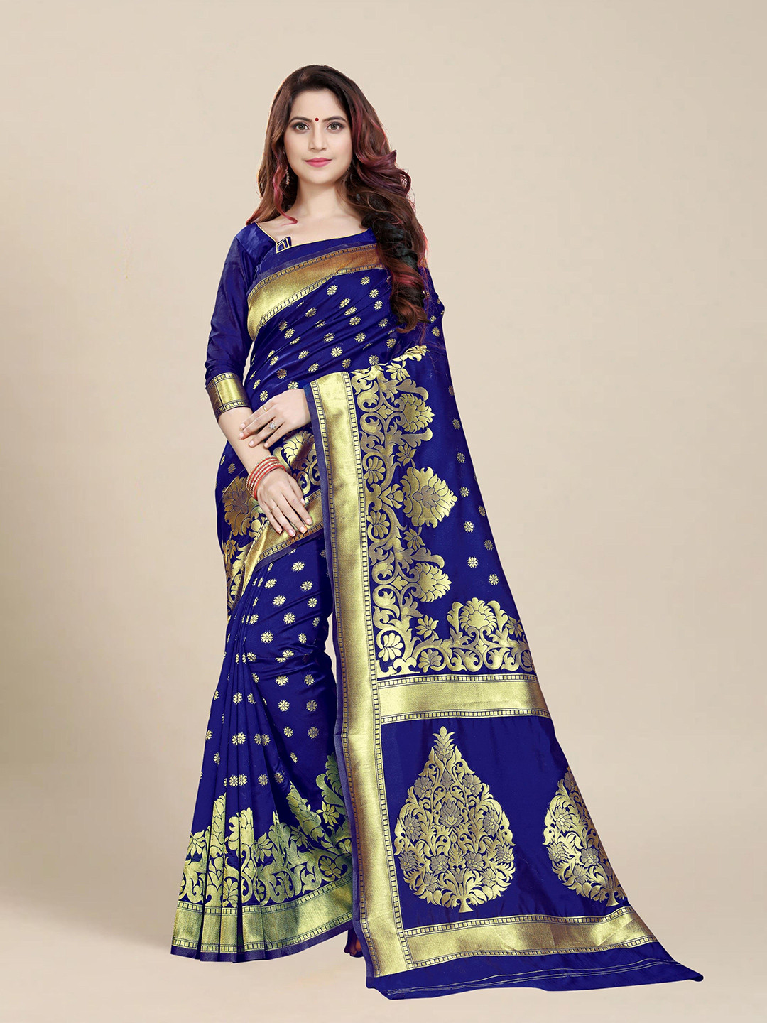 

MS RETAIL Navy Blue & Gold-Toned Floral Zari Art Silk Banarasi Saree