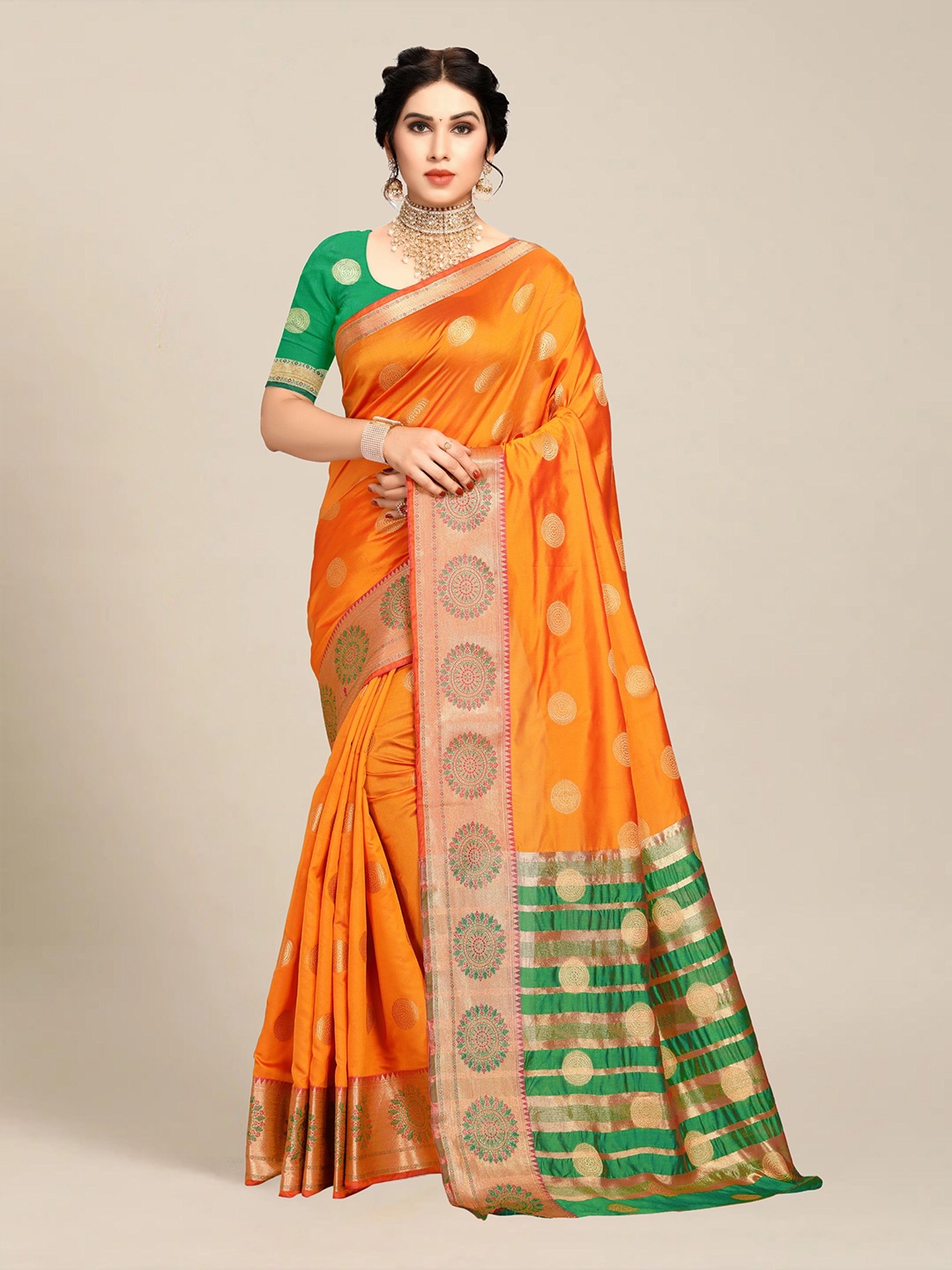 

MS RETAIL Mustard Yellow & Green Ethnic Motifs Zari Art Silk Banarasi Saree