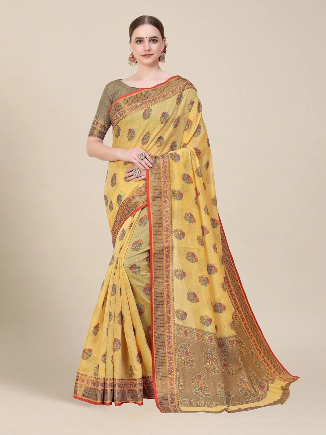 

MS RETAIL Yellow & Gold-Toned Floral Zari Chanderi Saree