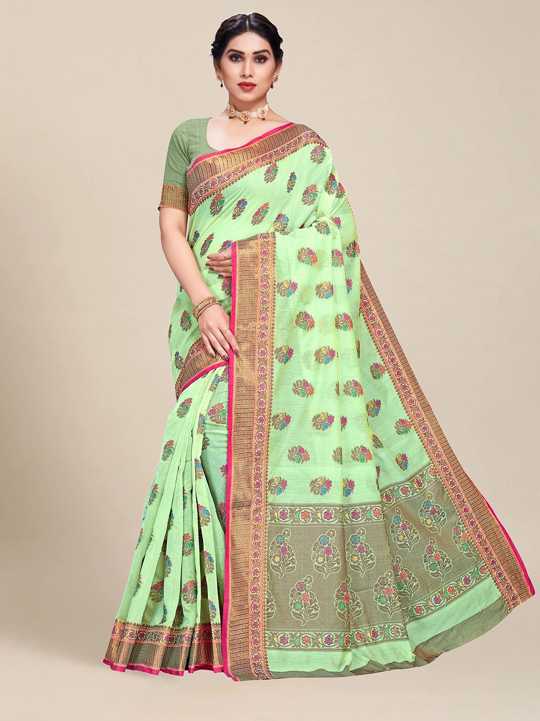 

MS RETAIL Lime Green & Gold-Toned Woven Design Zari Chanderi Saree