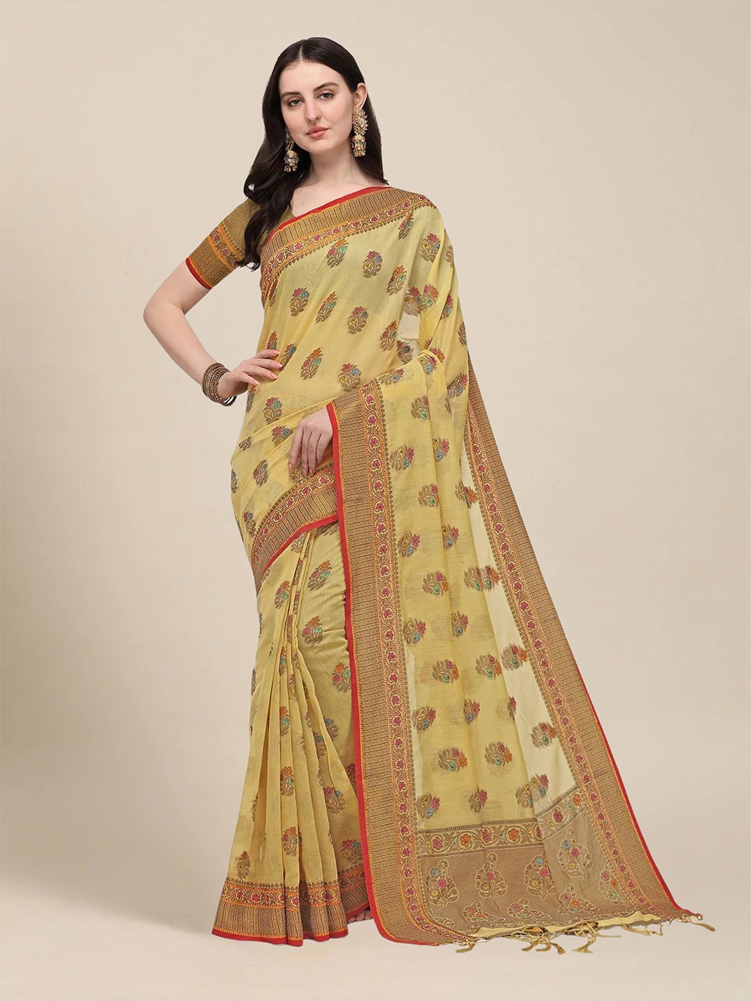 

MS RETAIL Yellow & Red Floral Zari Chanderi Saree