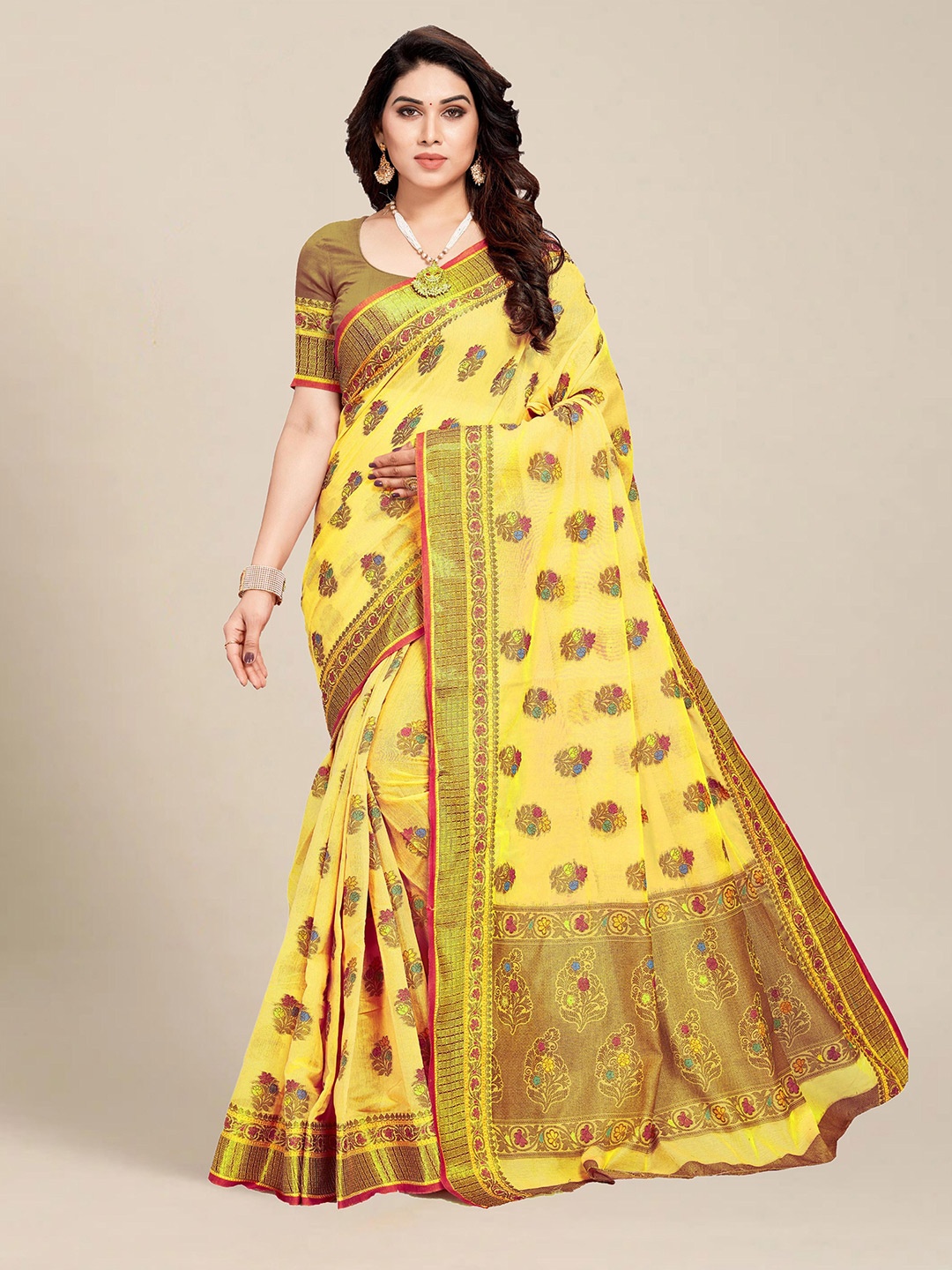 

MS RETAIL Yellow & Gold-Toned Floral Zari Chanderi Saree