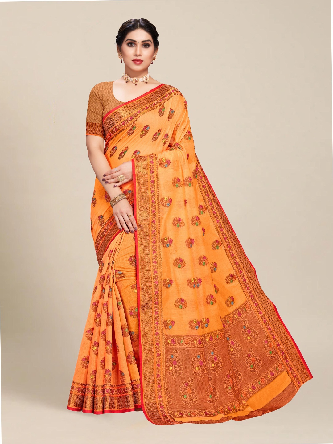 

MS RETAIL Orange & Red Floral Zari Chanderi Saree