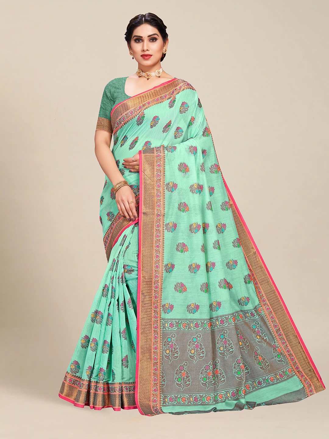 

MS RETAIL Blue & Red Floral Zari Chanderi Saree