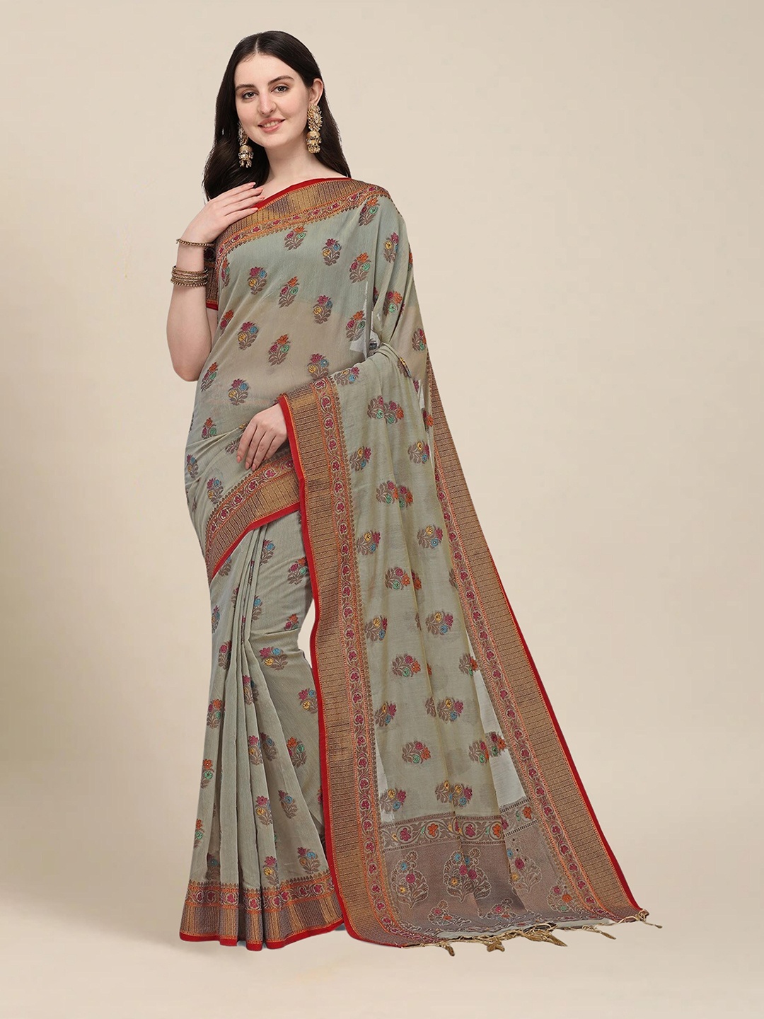 

MS RETAIL Taupe & Red Floral Zari Chanderi Saree