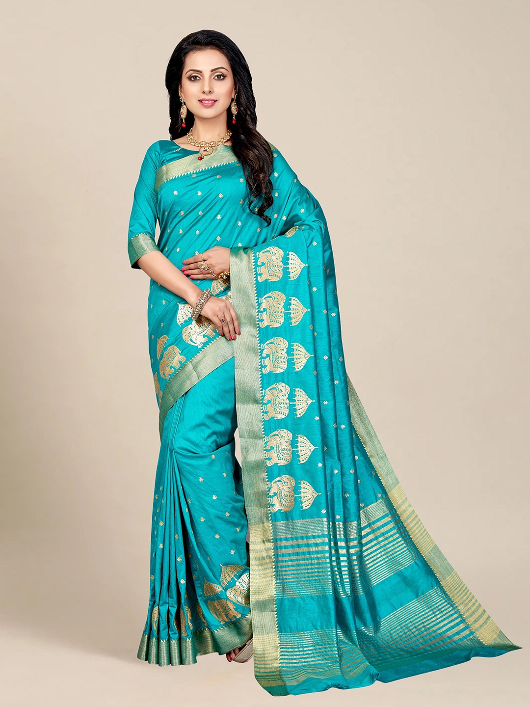 

MS RETAIL Turquoise Blue & Gold-Toned Ethnic Motifs Zari Silk Blend Kanjeevaram Saree