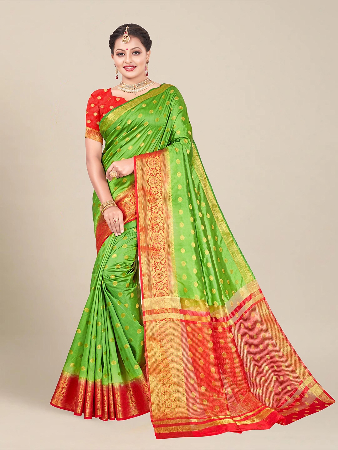 

MS RETAIL Green & Red Floral Zari Silk Blend Kanjeevaram Saree