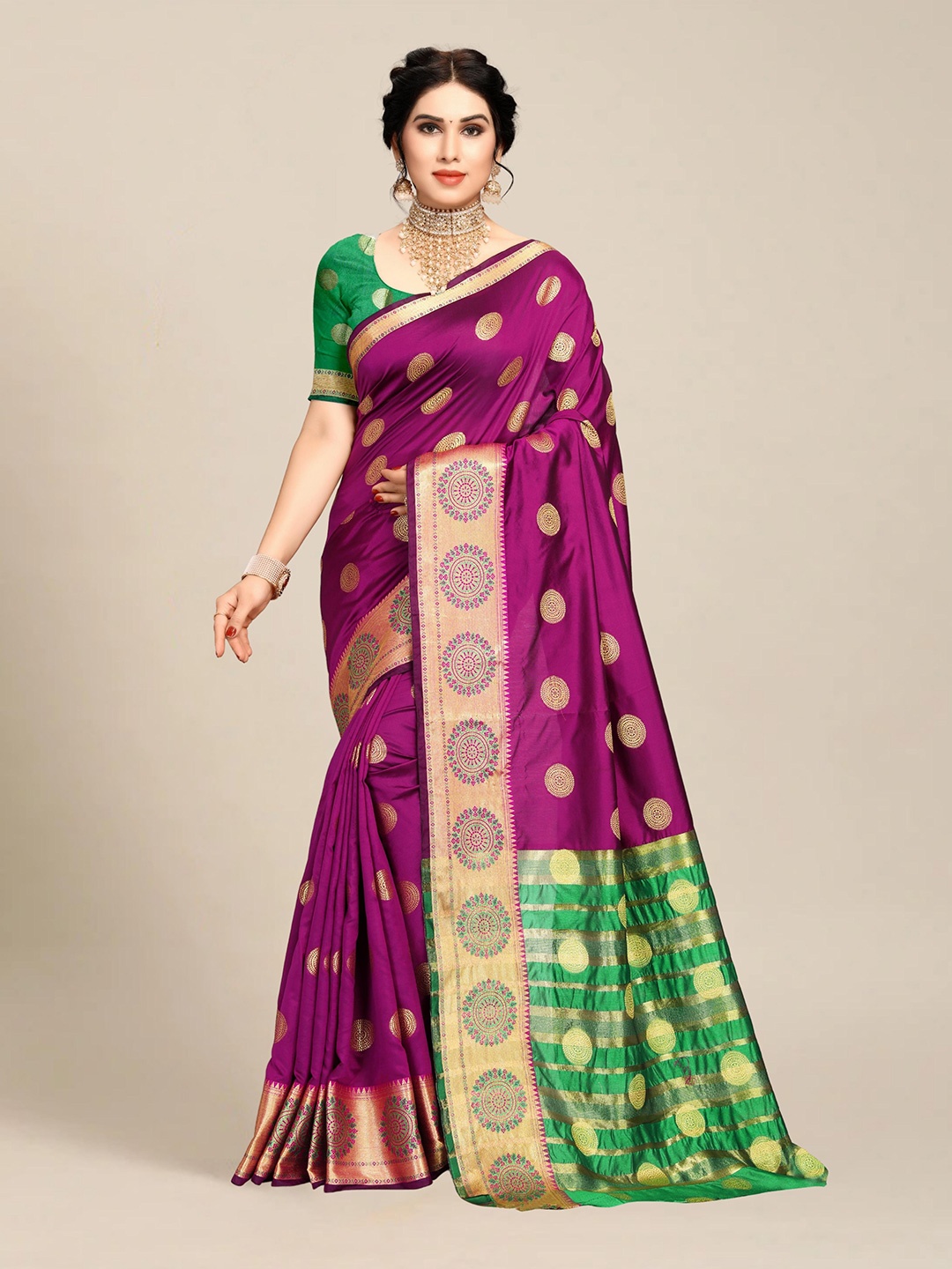 

MS RETAIL Purple & Green Ethnic Motifs Zari Art Silk Banarasi Saree