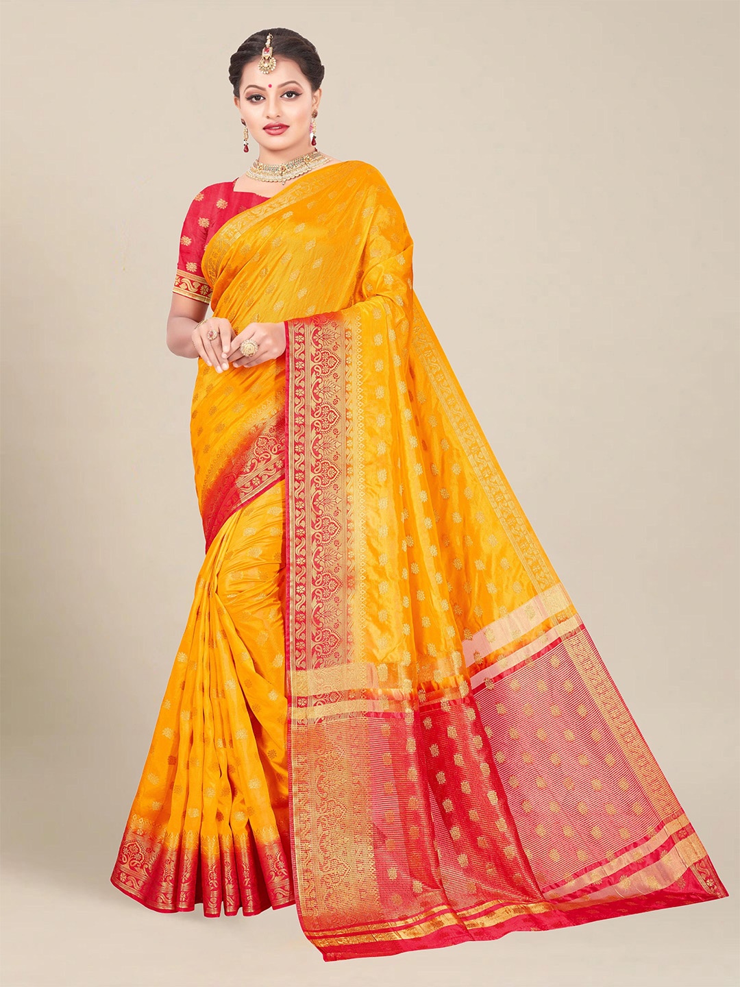 

MS RETAIL Yellow & Red Floral Zari Silk Blend Kanjeevaram Saree