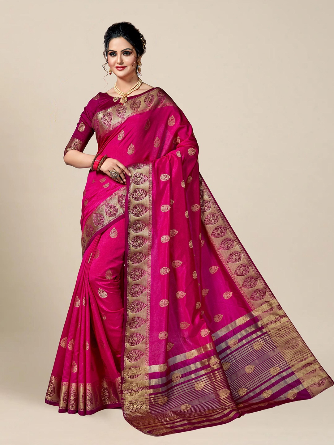 

MS RETAIL Pink & Gold-Toned Ethnic Motifs Zari Silk Blend Kanjeevaram Saree