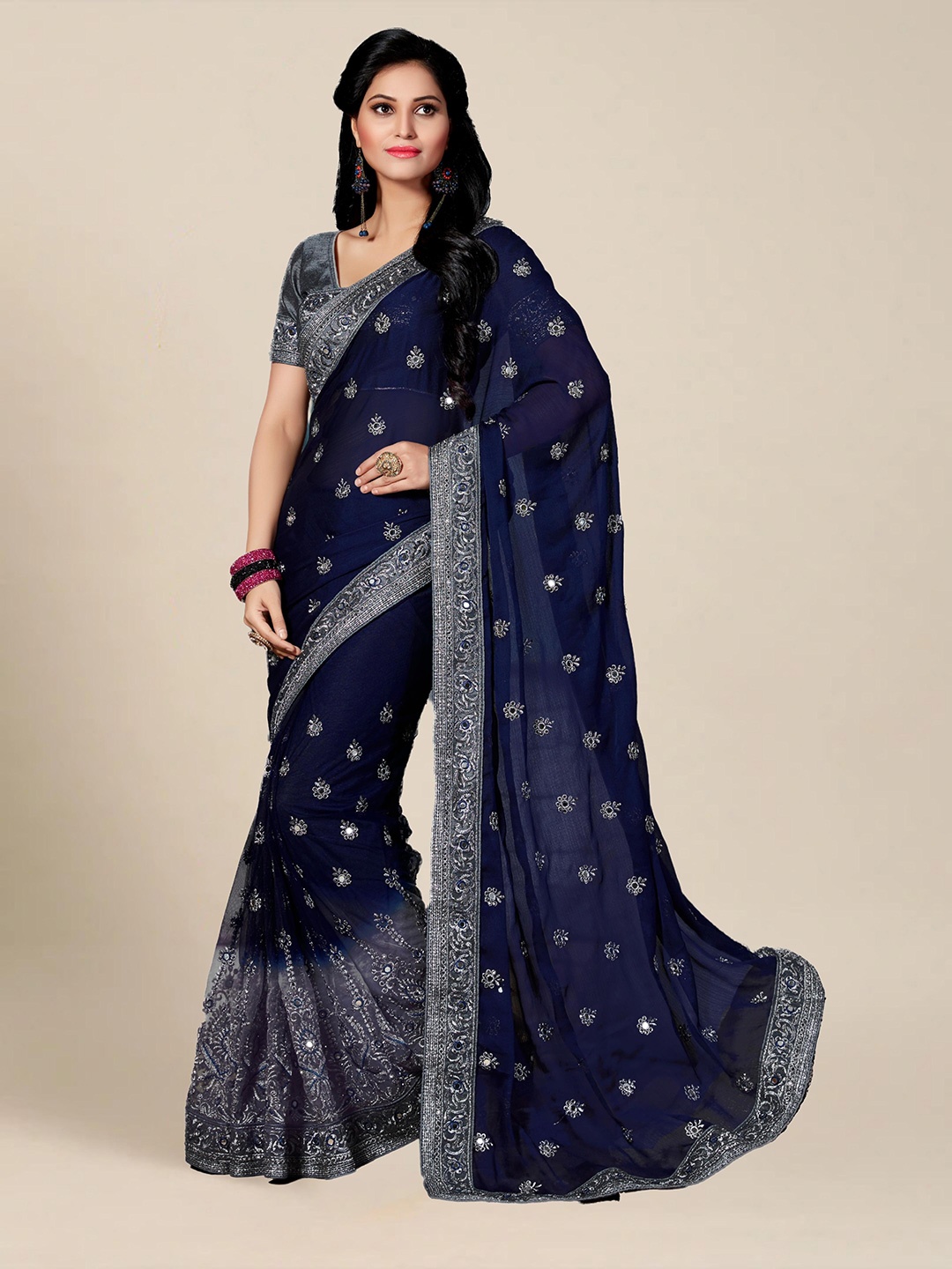 

MS RETAIL Navy Blue & Silver-Toned Ethnic Motifs Embroidered Pure Chiffon Saree