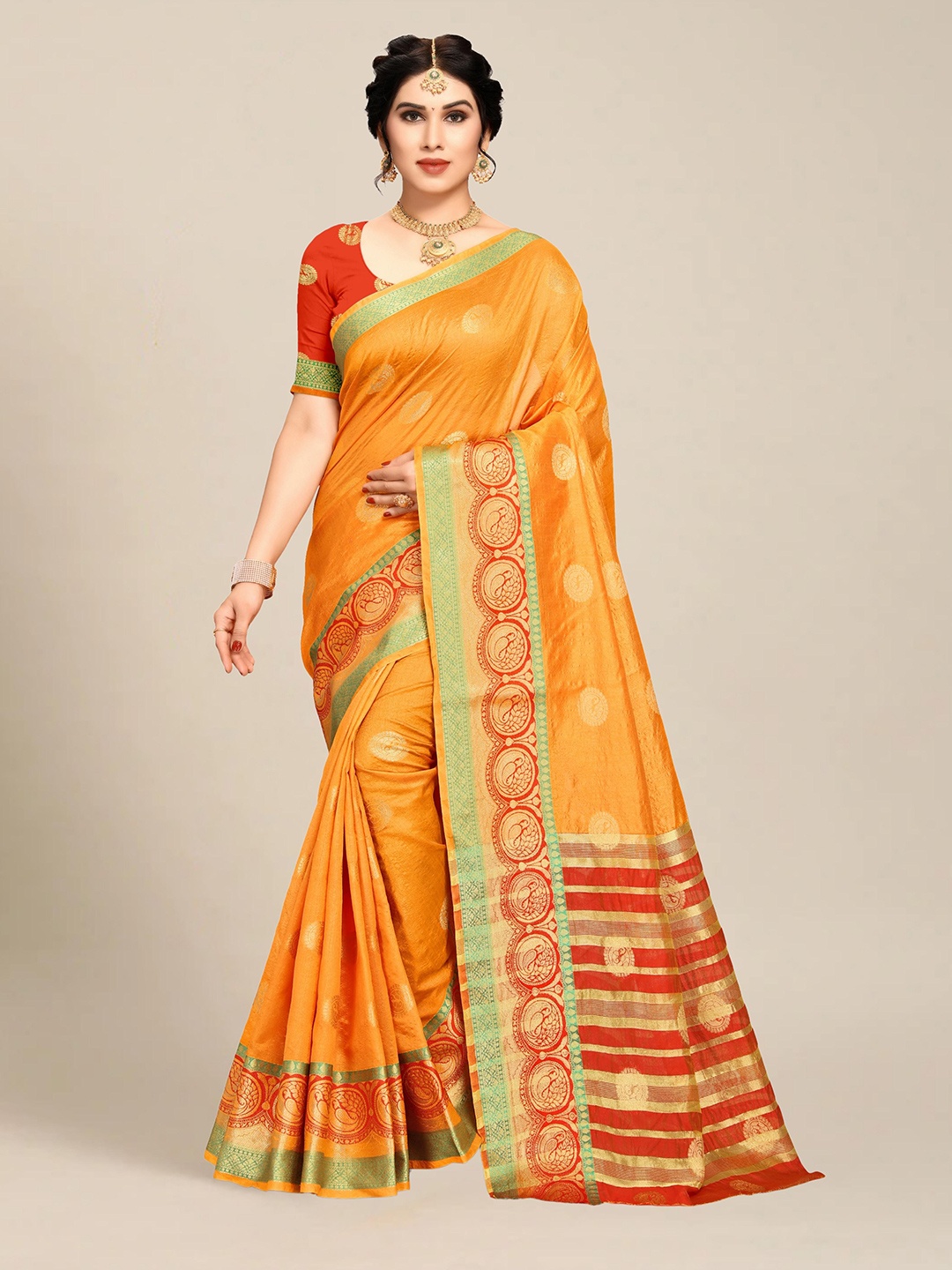 

MS RETAIL Mustard & Red Woven Design Art Silk Saree
