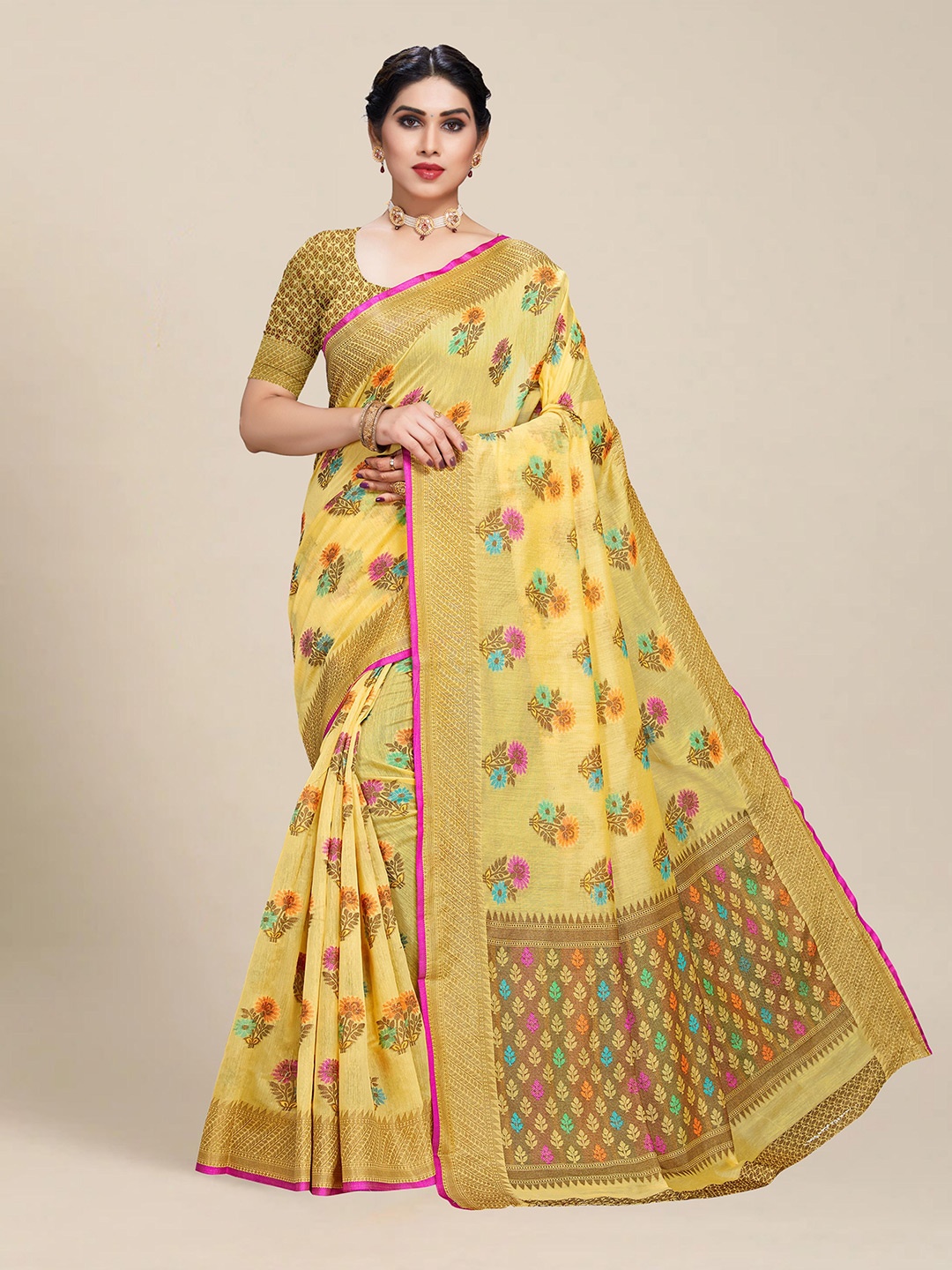 

MS RETAIL Yellow & Red Floral Chanderi Saree