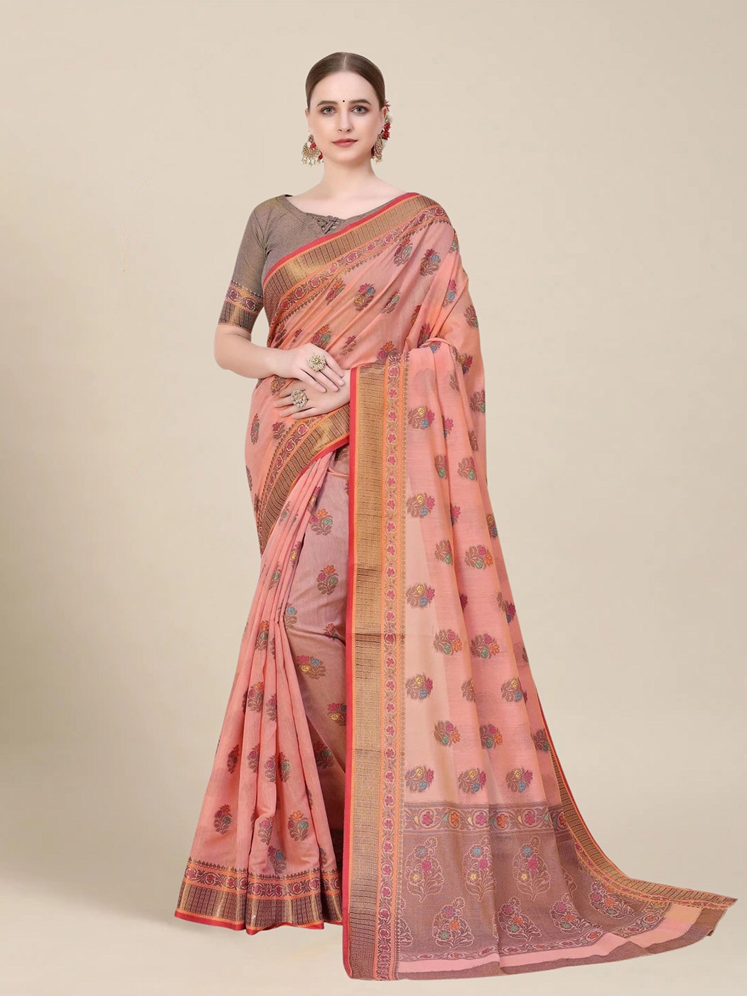 

MS RETAIL Pink & Gold-Toned Floral Chanderi Saree
