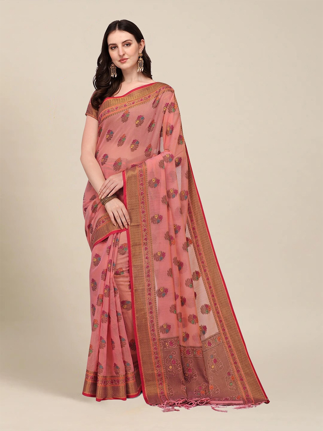 

MS RETAIL Pink & Blue Floral Zari Chanderi Saree