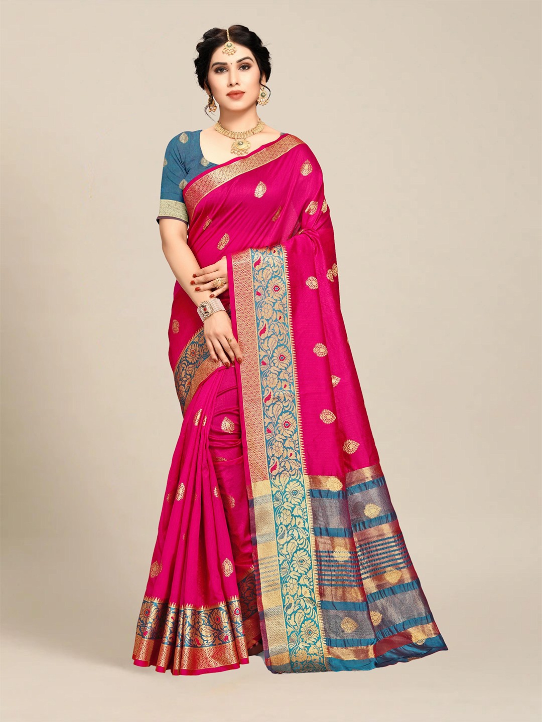 

MS RETAIL Pink & Blue Ethnic Motifs Art Silk Saree