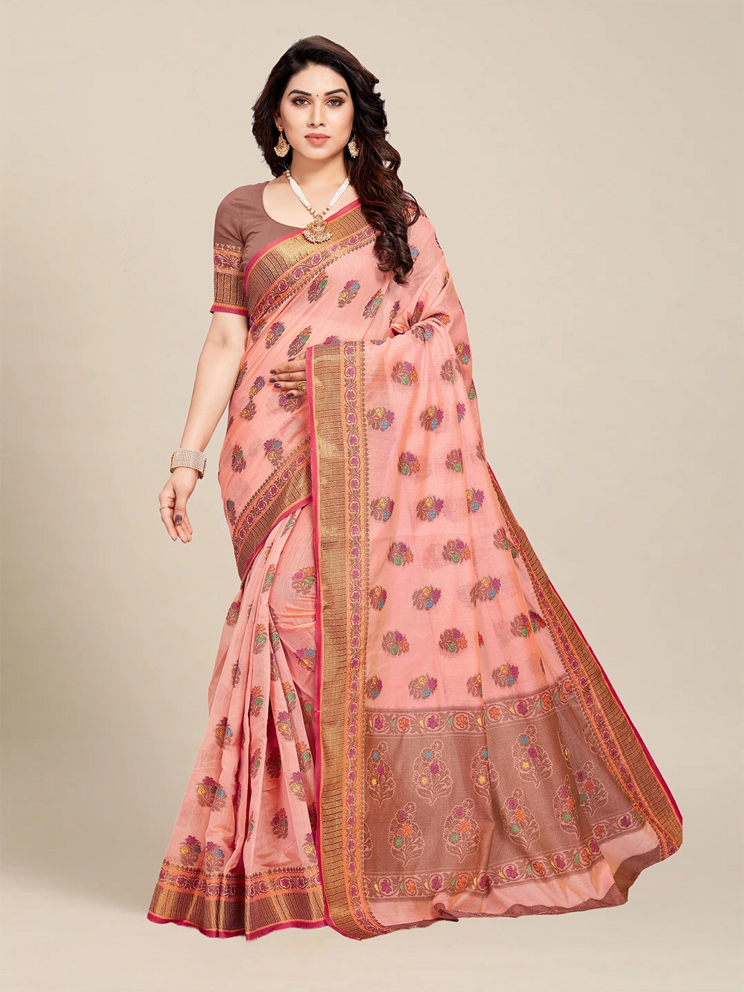 

MS RETAIL Pink & Gold-Toned Floral Chanderi Saree