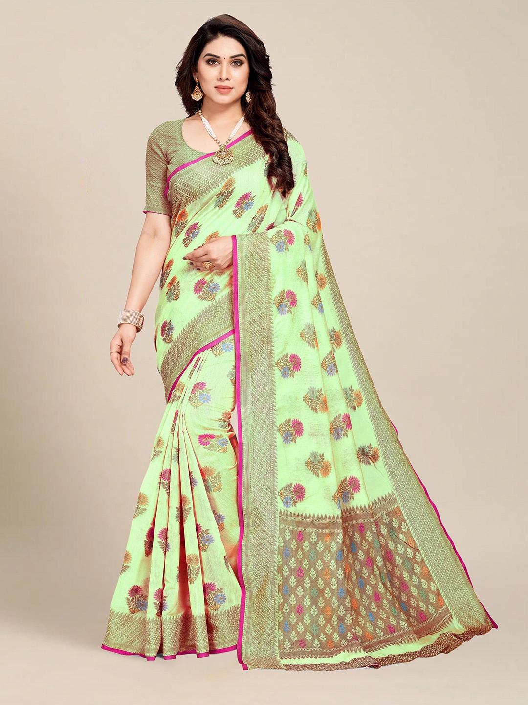 

MS RETAIL Lime Green & Red Woven Design Chanderi Saree