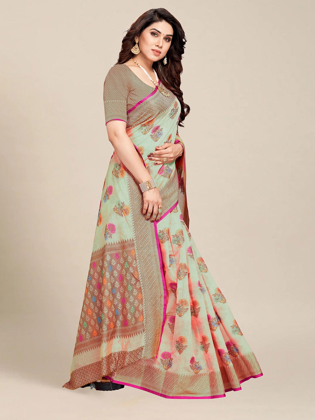 

MS RETAIL Taupe & Pink Floral Chanderi Saree