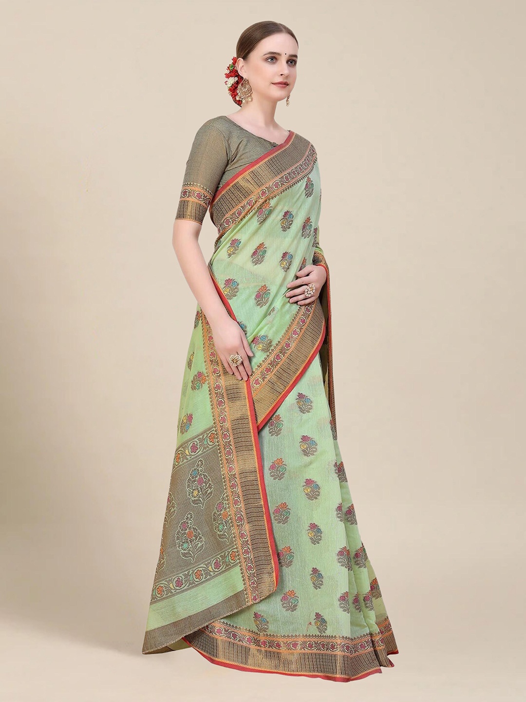 

MS RETAIL Lime Green & Red Woven Design Chanderi Saree